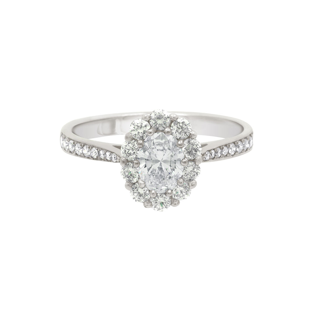 Cluster Engagement Ring with diamond shoulders in white gold