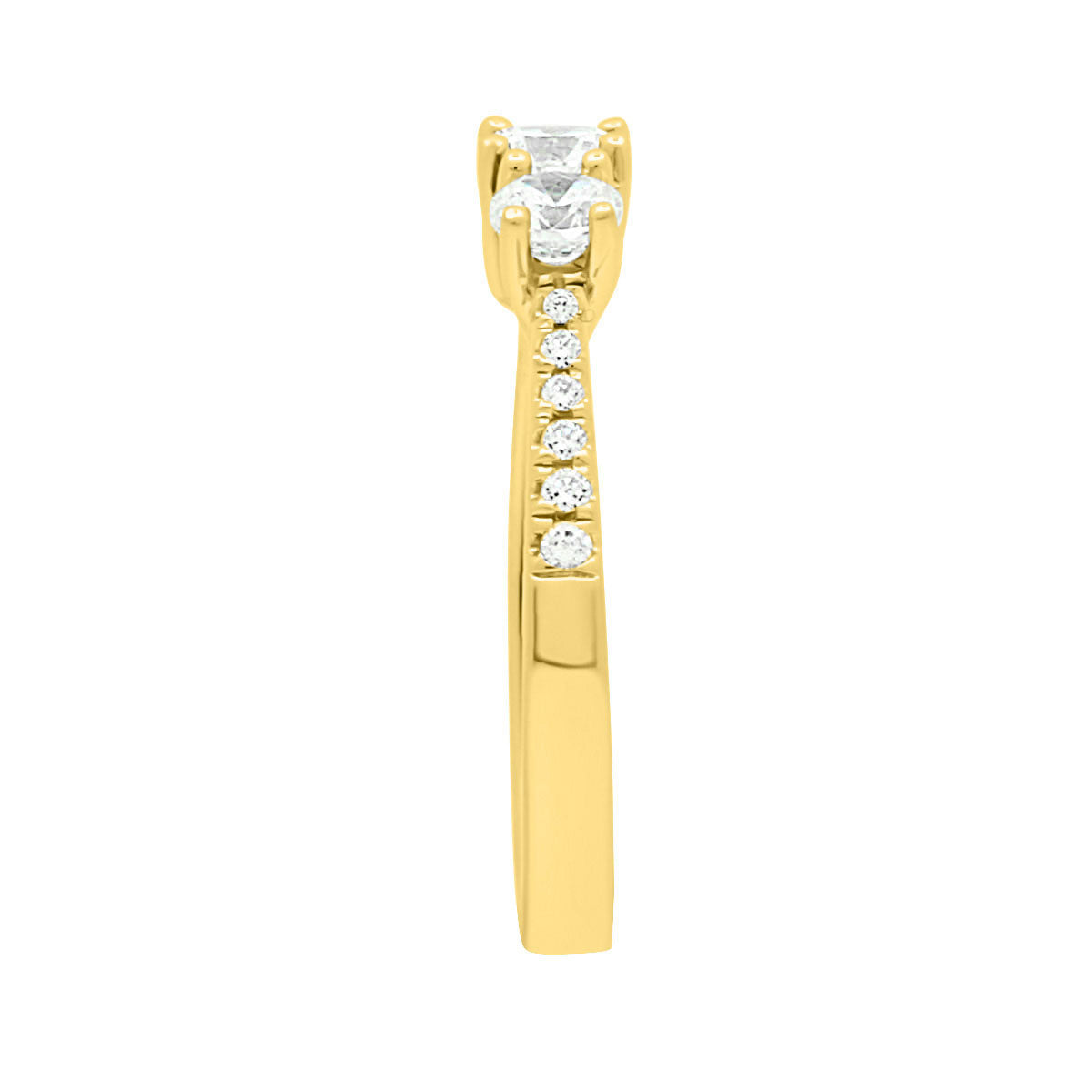 3 Stone Engagement Ring in yellow gold in end view