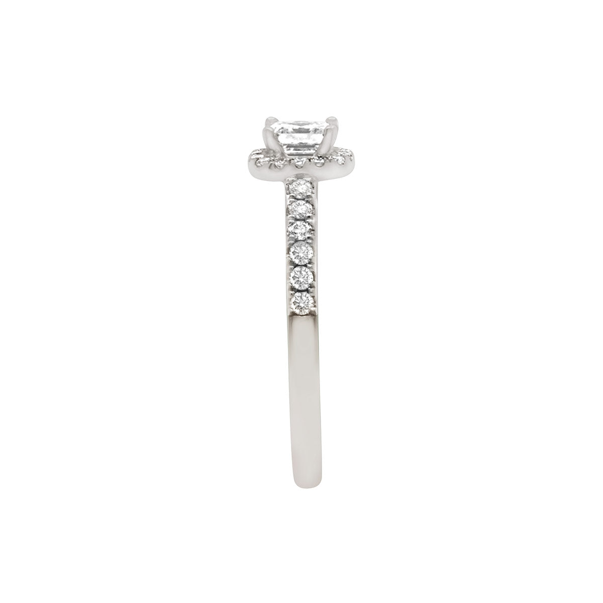 Asscher Halo Diamond Ring in Platinum FROM A SIDE VIEw