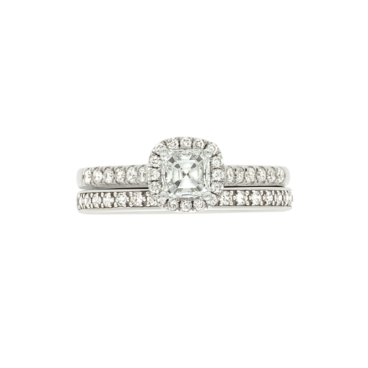 Asscher Halo Diamond Ring in White Goldpictured with a diamond wedding ring