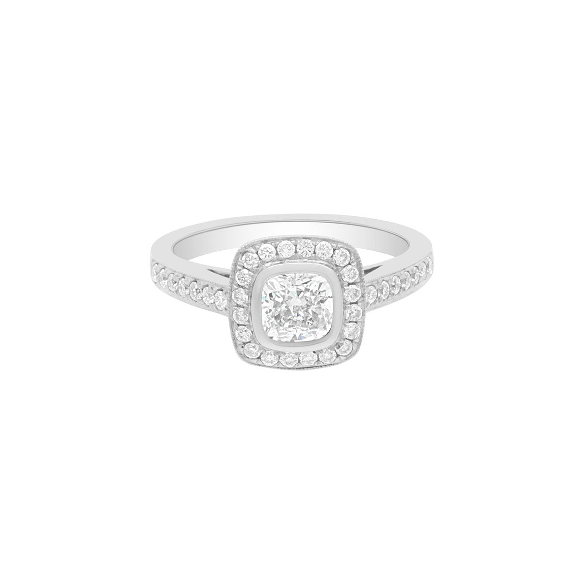 Cushion Cut Diamond Engagement Ring with Platinum Bezel Set Band - ‘Glenda’