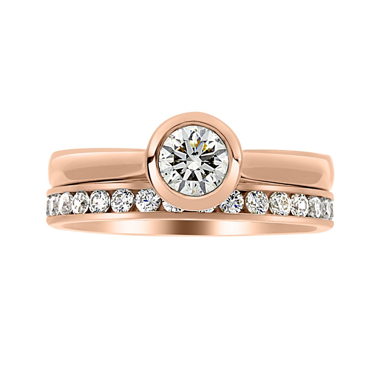 Bezel Set Engagement ring in 18kt yellow gold with a diamond wedding ring