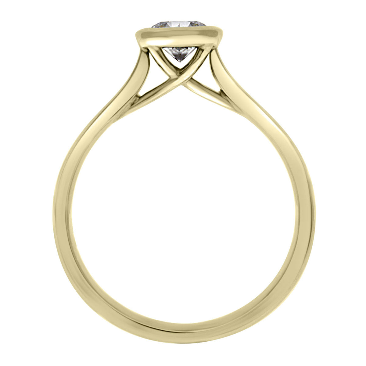Bezel Set Engagement ring in 18kt yellow gold in upright position