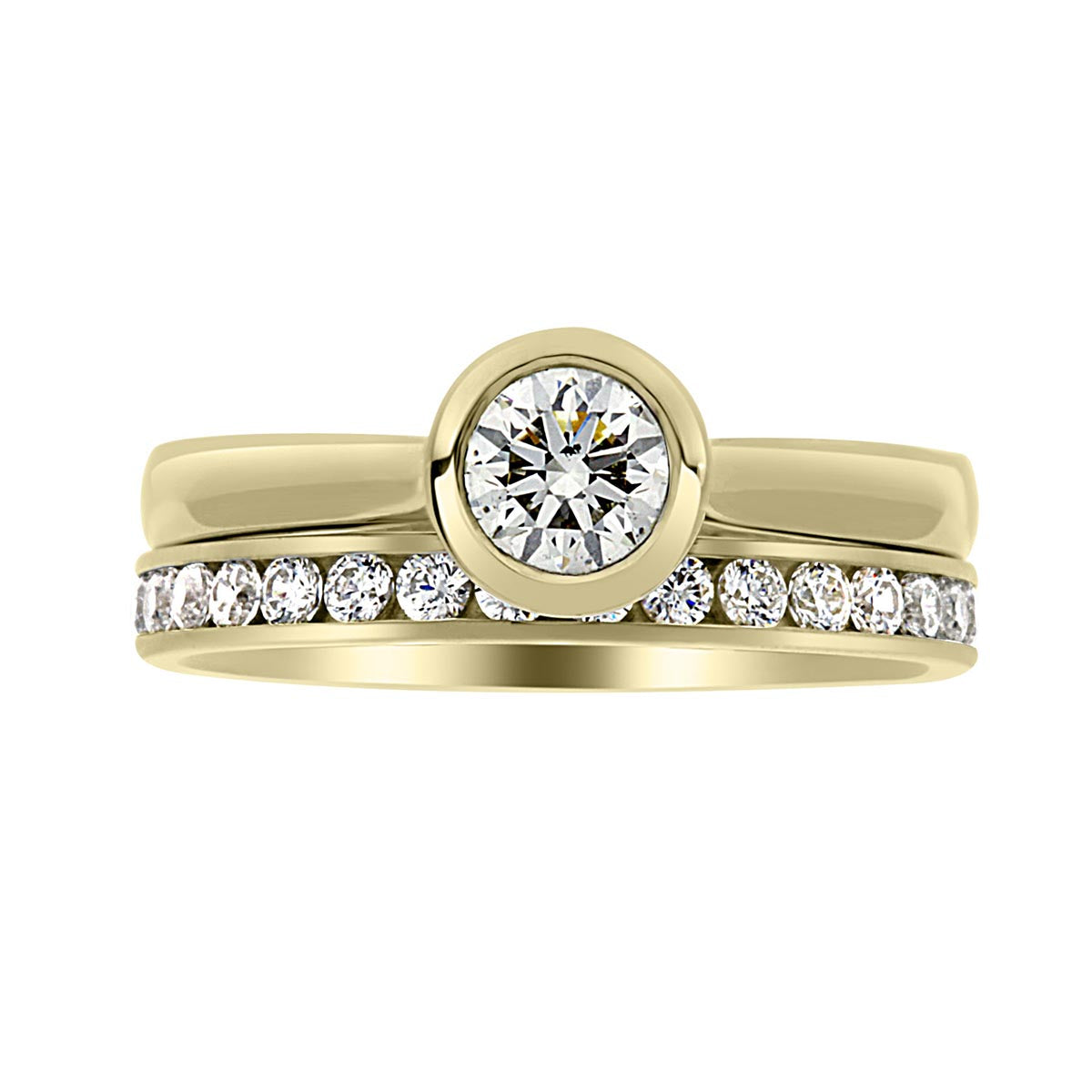 Bezel Set Engagement ring in 18kt yellow gold with a matching diamond wedding ring