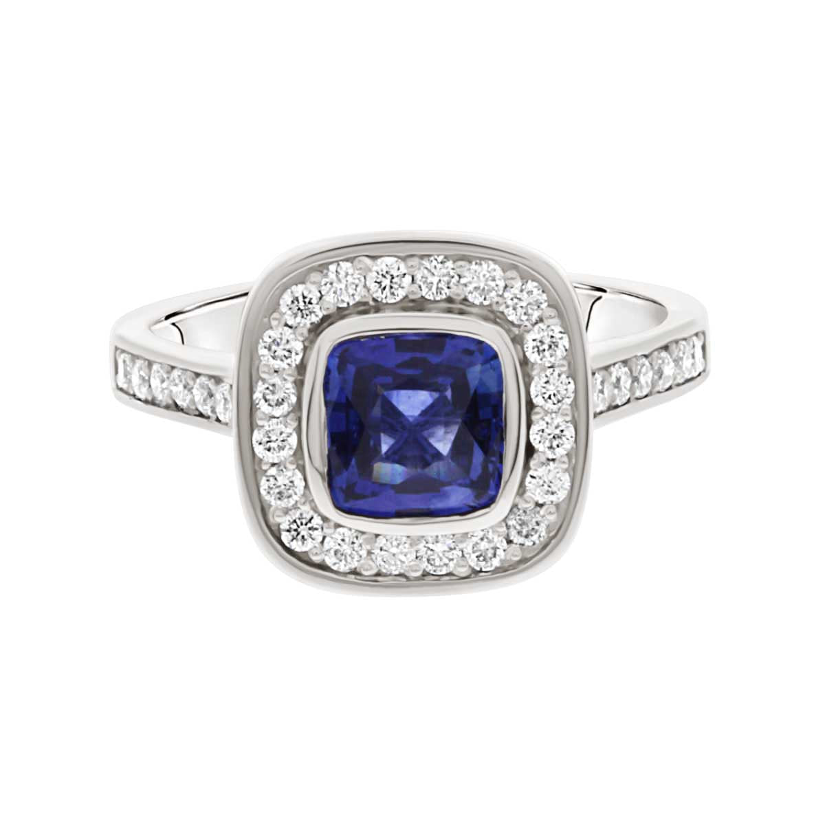 Cushion Cut Sapphire Engagement Ring with Bezel Platinum Set Band - 'Elle Sapphire'