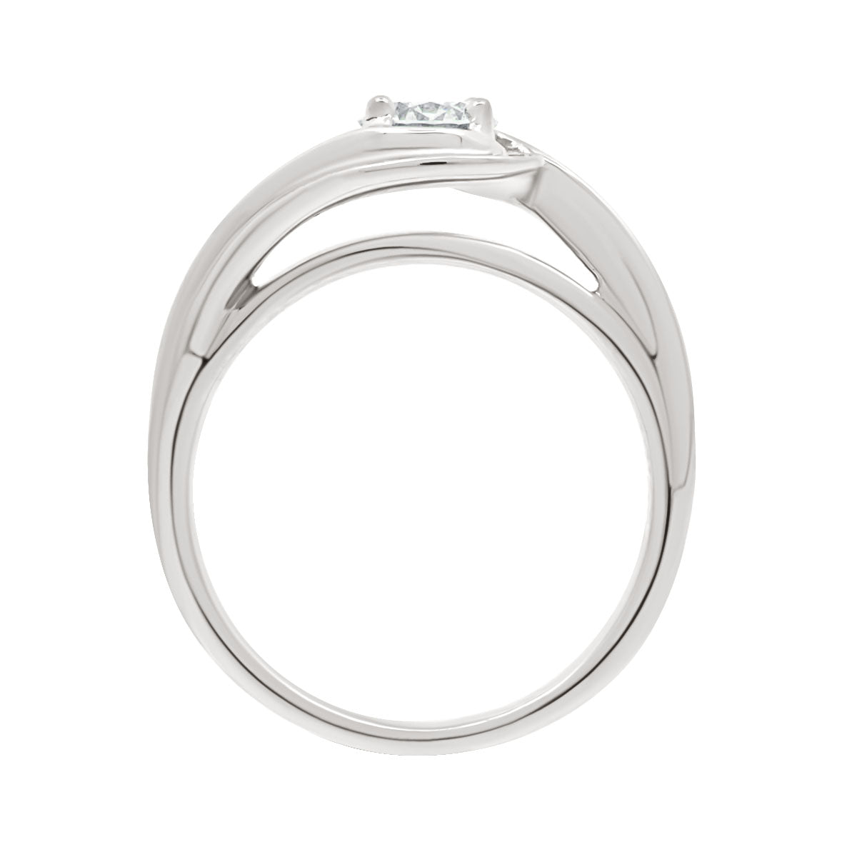 Contemporary Style Engagement Ring in white gold, standing verticl, with a white background