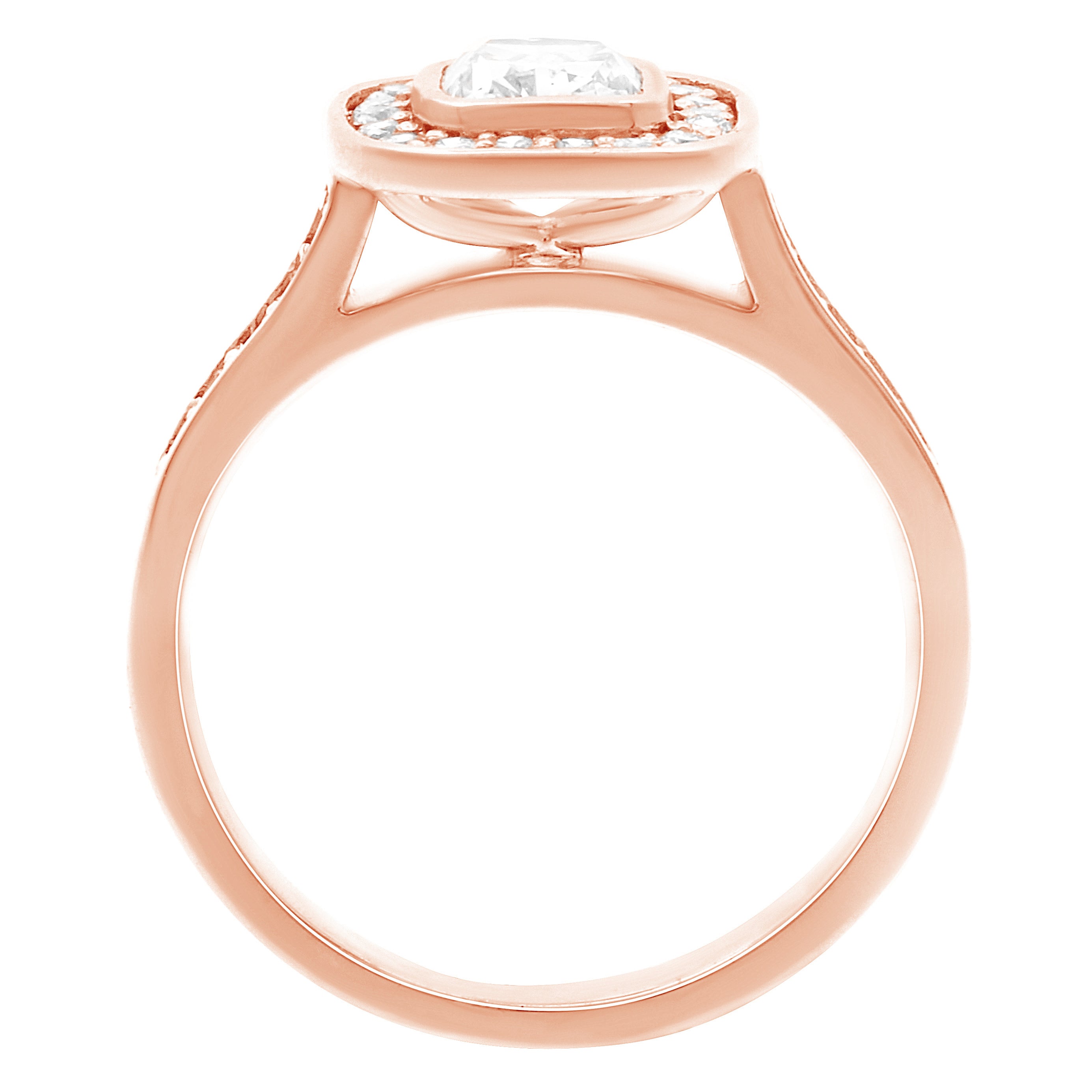 Cushion Cut Bezel Diamond Ring in rose gold in upright position
