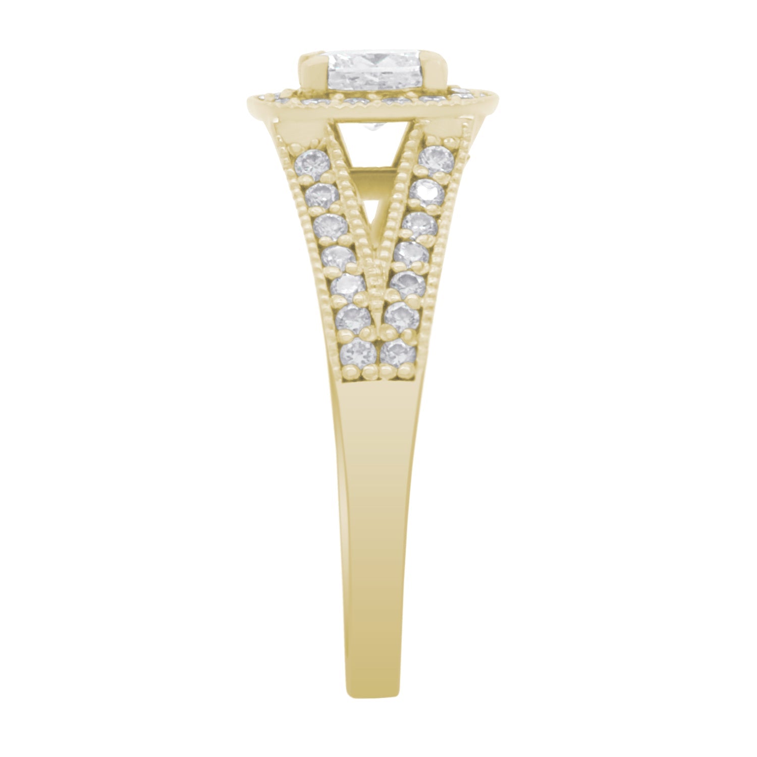 Cushion Halo Diamond Ring in yellow gold from a sideways angle