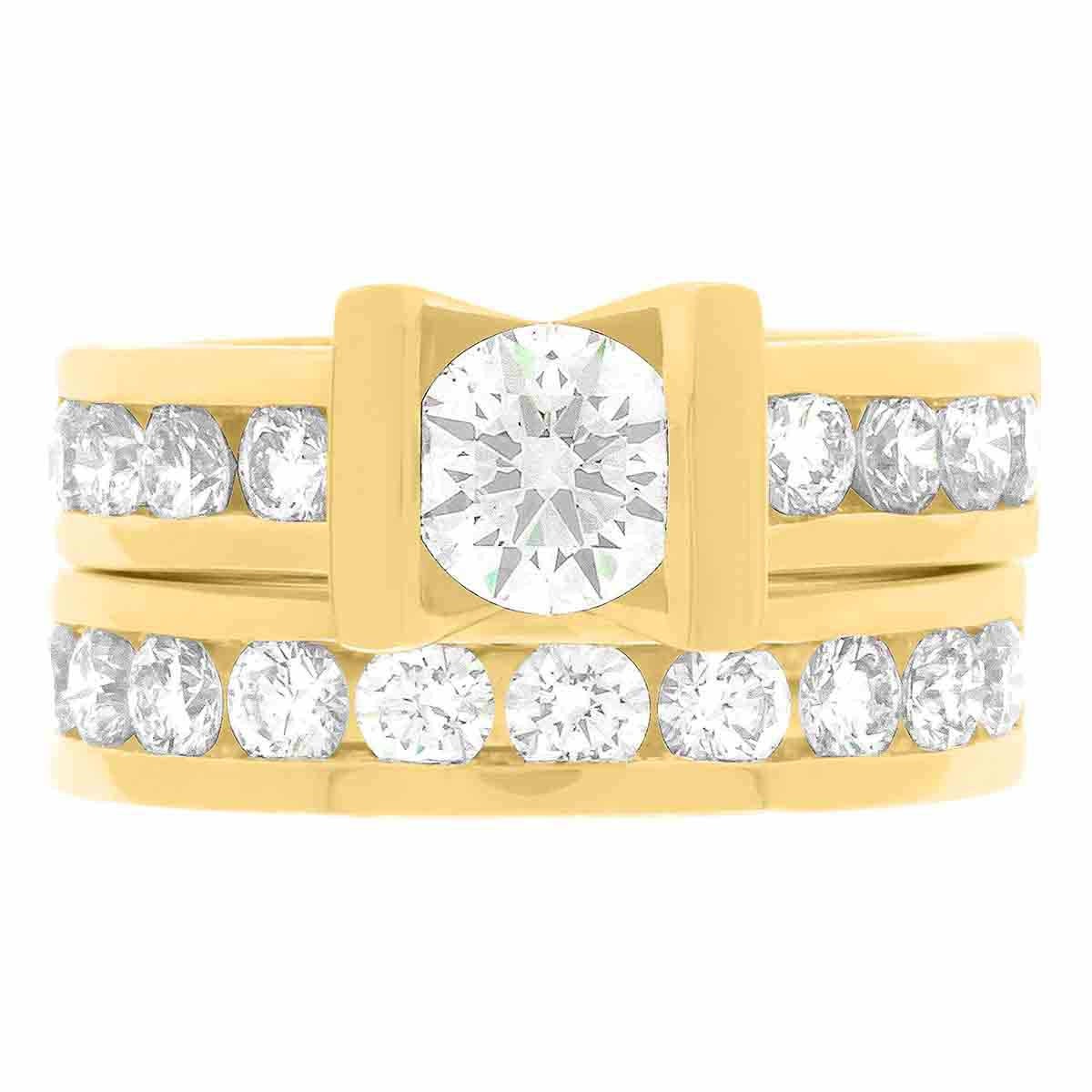 Custom Made Engagement Ring made from yellow gold pictured with a matching diamond wedding ring