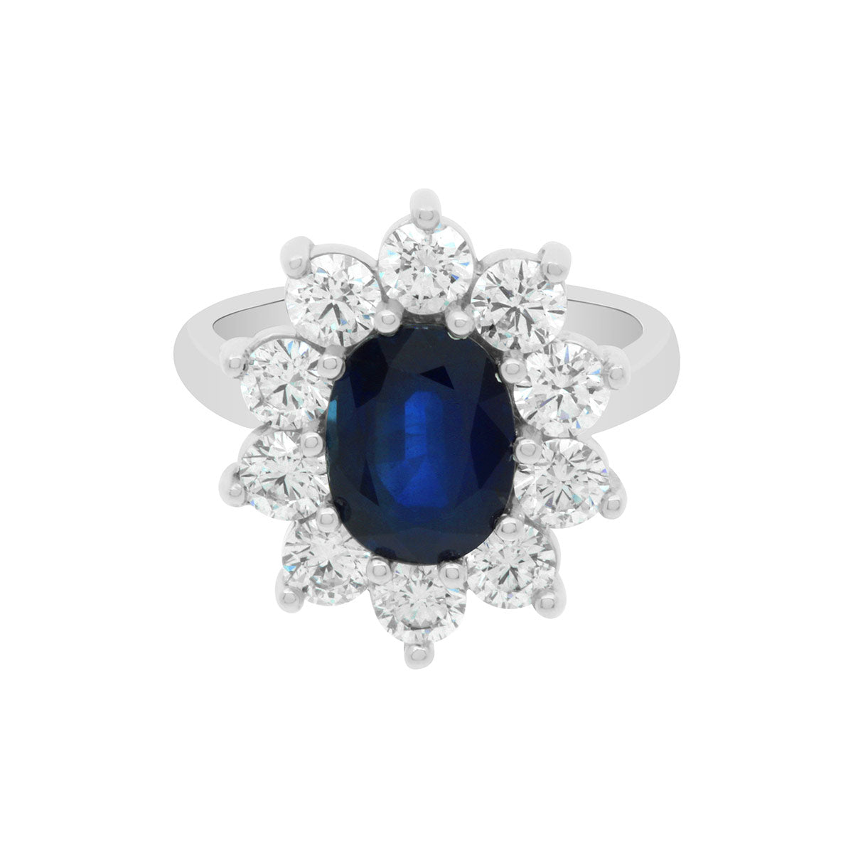 Oval Cut Sapphire Diamond Halo Engagement Ring with Platinum Diamond Pave Band - 'Diana'