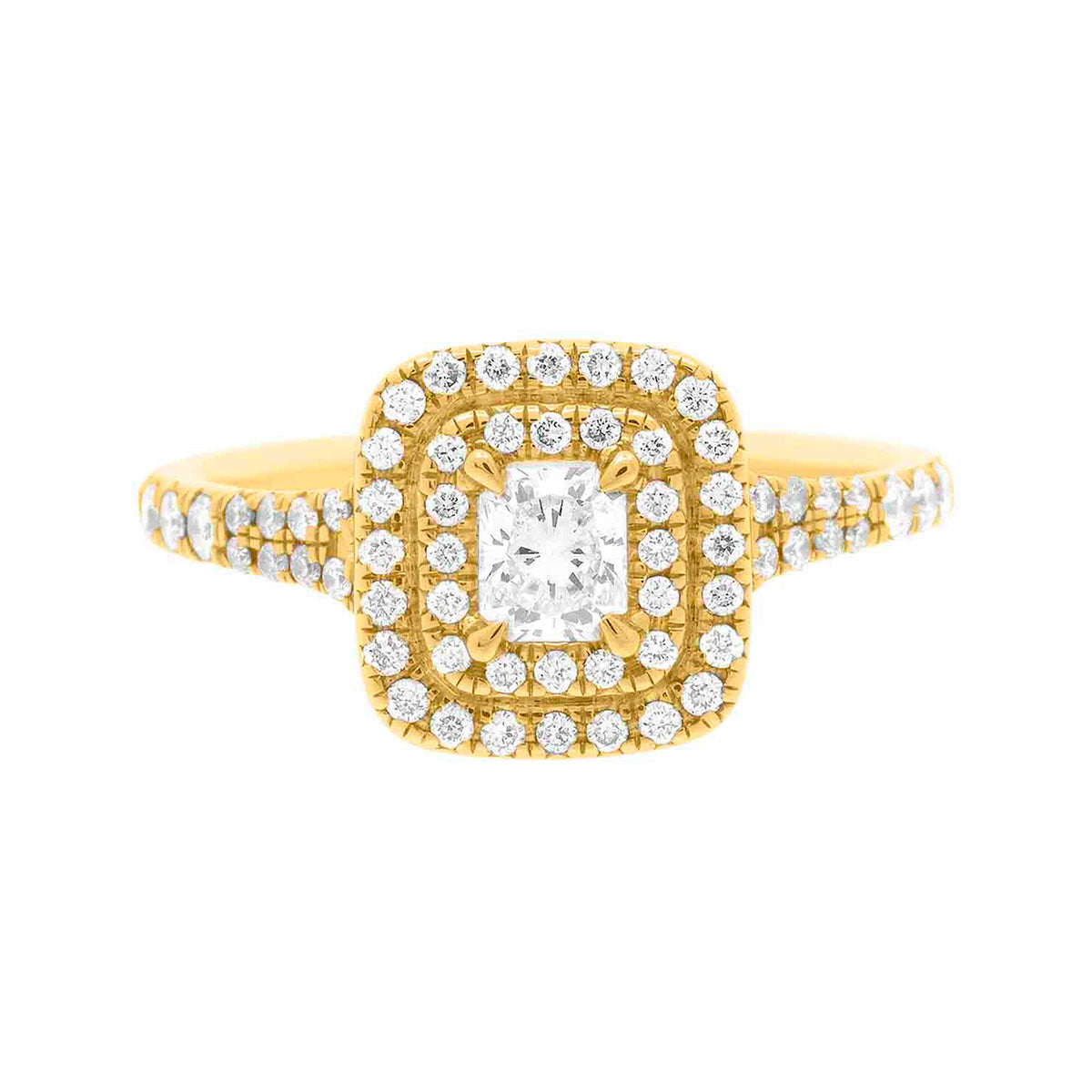 Double Halo Cushion Cut Diamond Ring in yellow gold