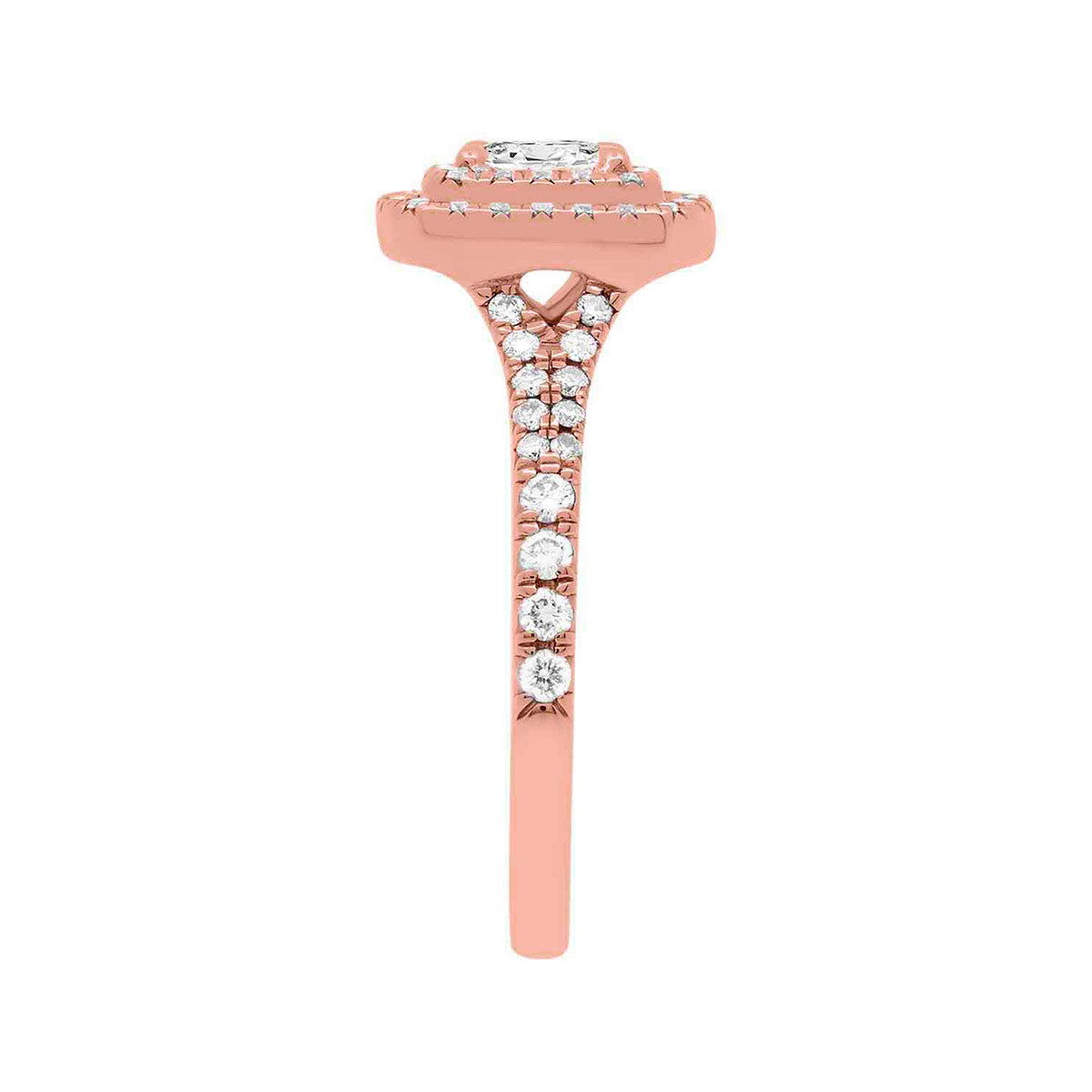 Double Halo Cushion Cut Diamond Ring in rose gold in a side view position