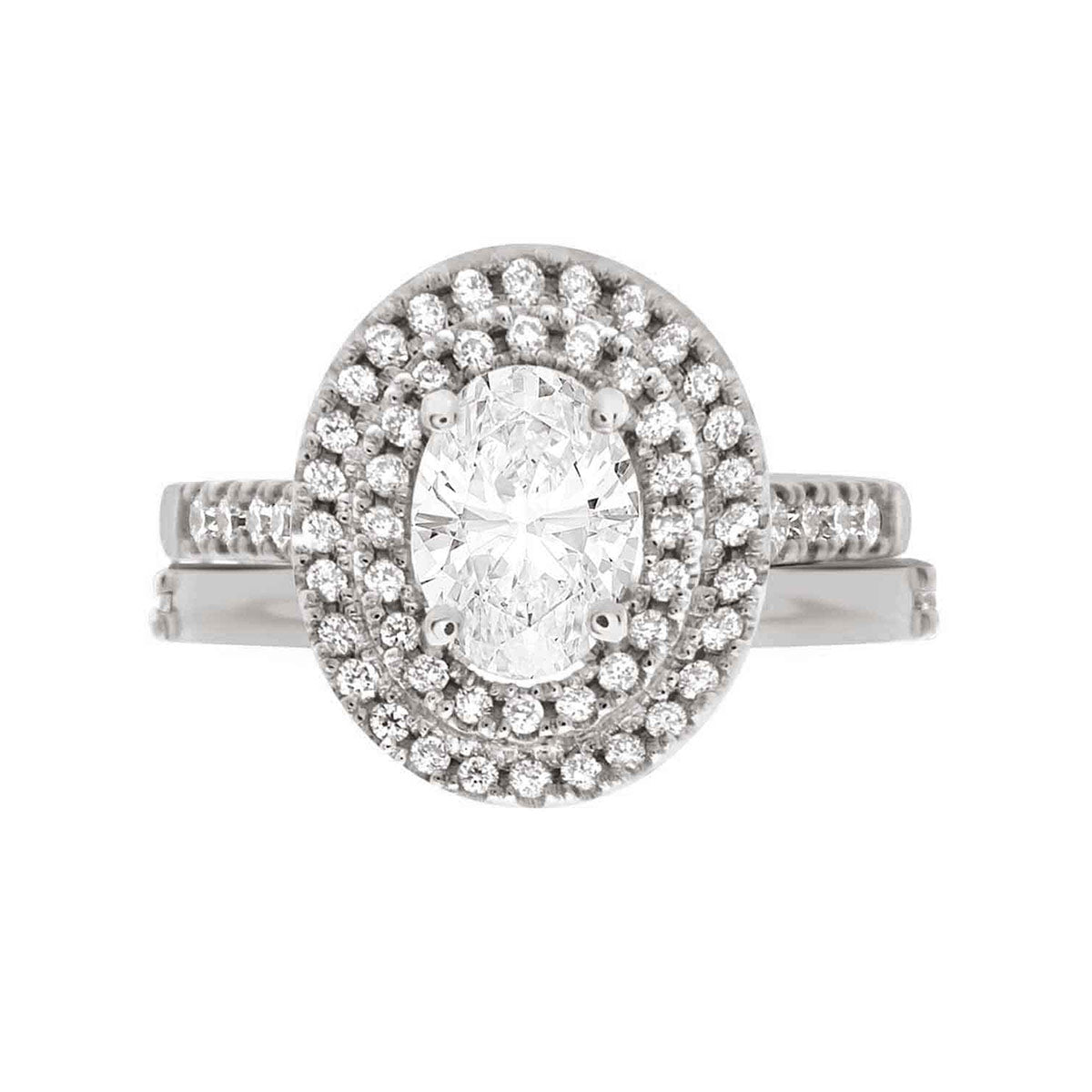 Double Halo Oval Cut Diamond Engagement Ring with Platinum Set Band - 'Solace Oval'