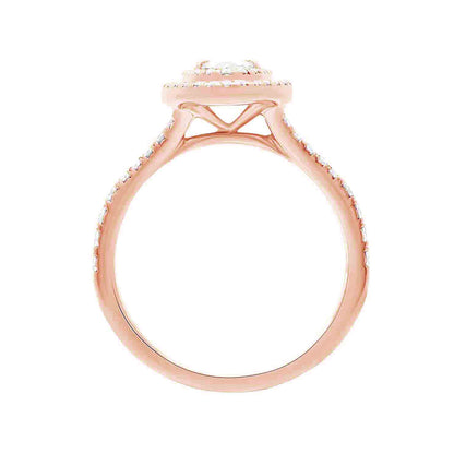 Double Halo Pear Diamond Ring in rose gold in a vertical position