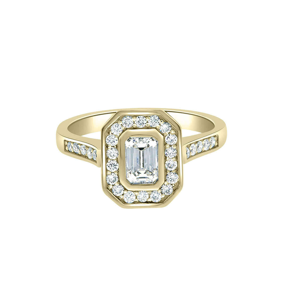 Emerald Cut Halo Diamond Engagement Ring with Yellow Gold Set Band 'Cara'