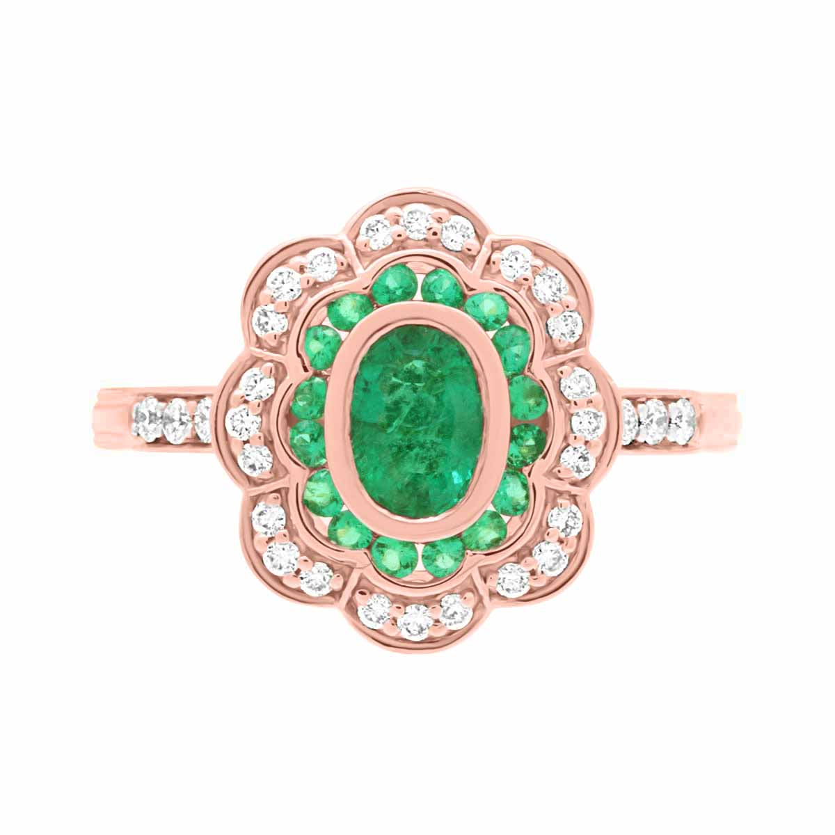Diamond Halo Vintage Emerald Engagement Ring with Rose Gold Set Band - 'Alise'