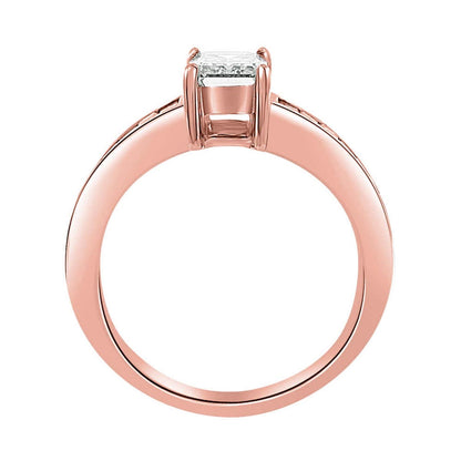 Emerald Cut Engagement Ring made from rose gold standing uprigt