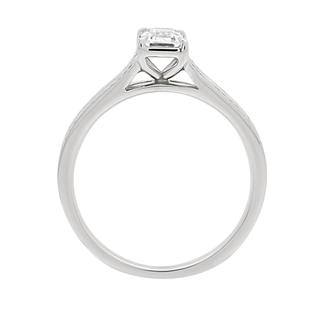 Emerald Cut With Split Shoulders in platinum in upright position