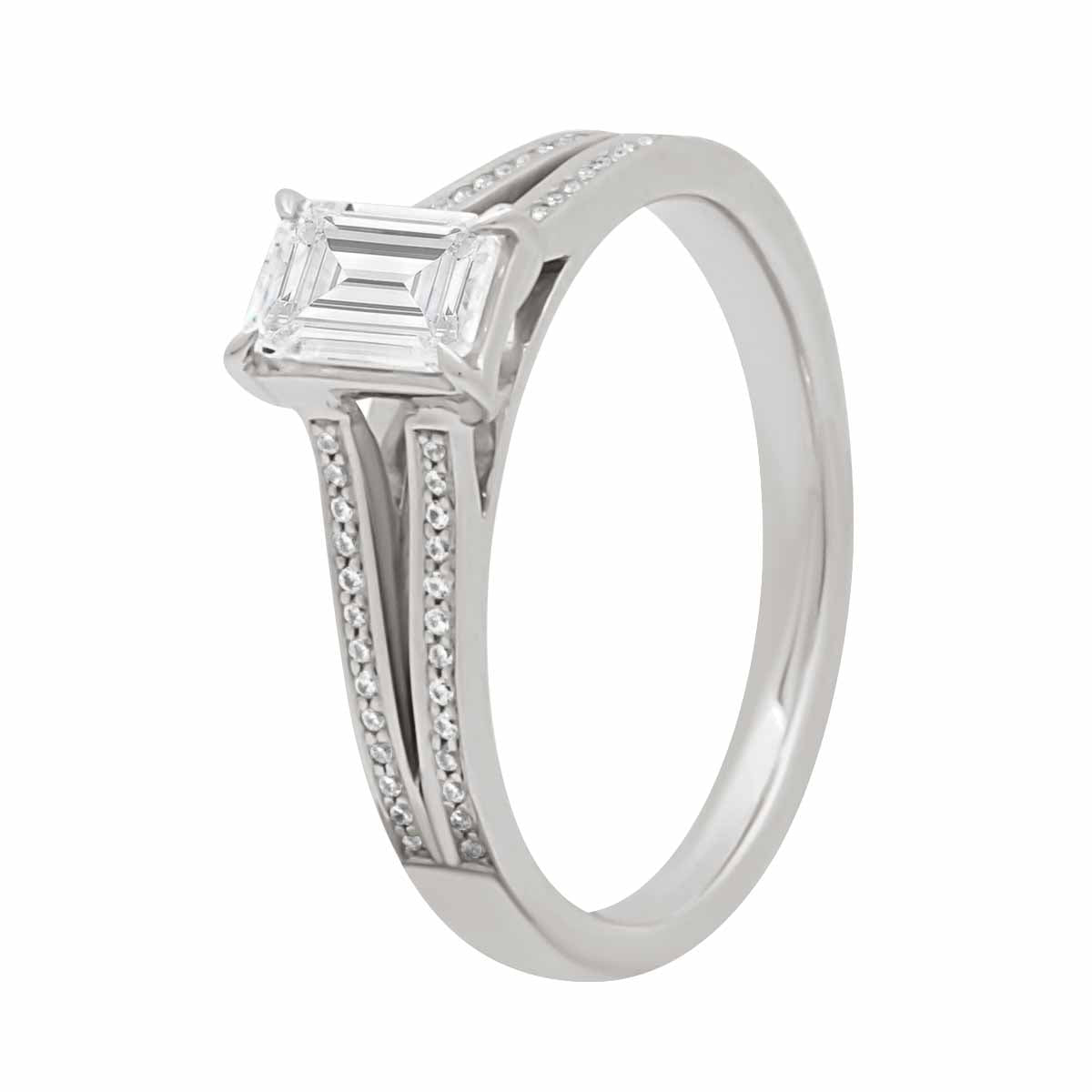Emerald Cut With Split Shoulders in platinum in a diagonal upright position