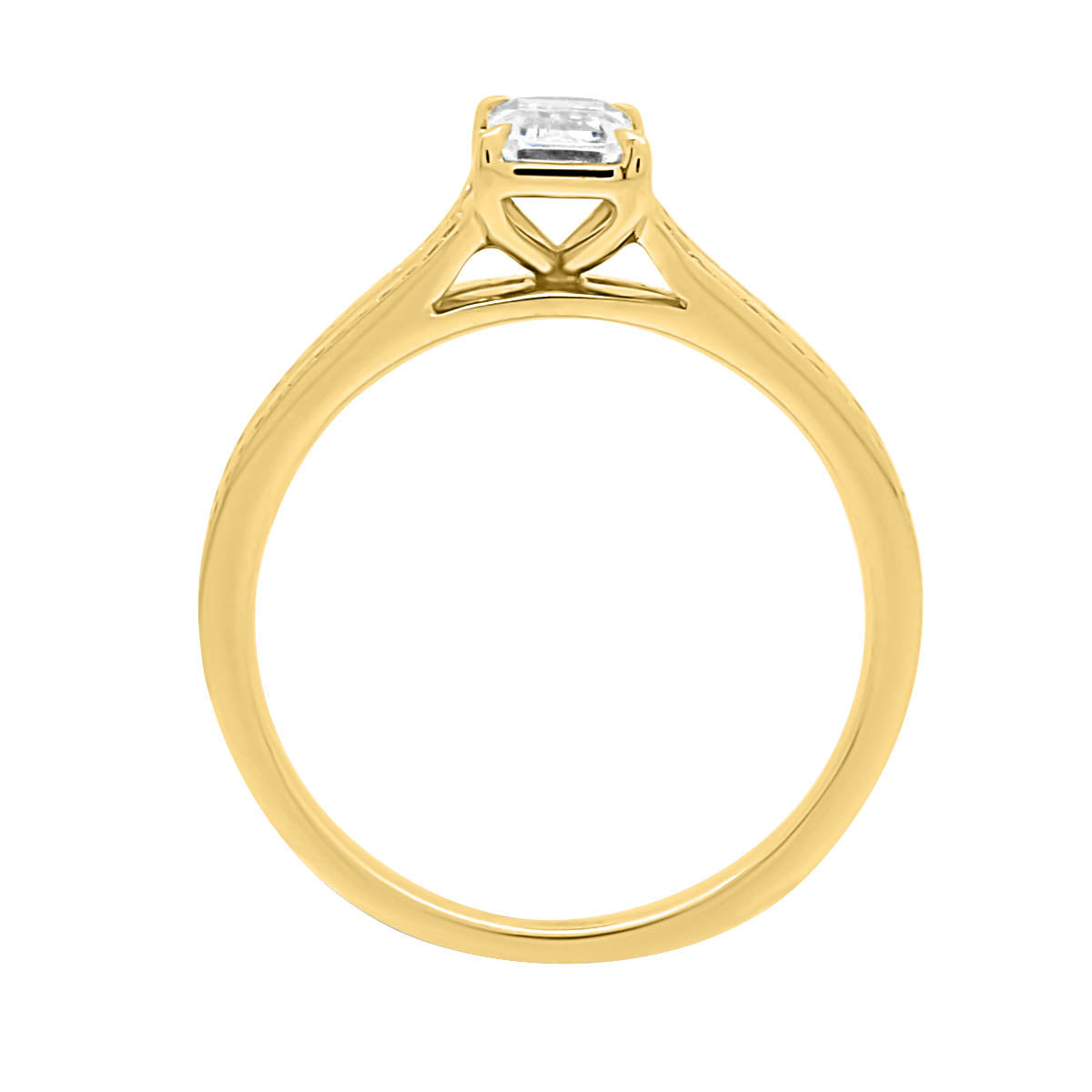 Emerald Cut With Split Shoulders in yellow gold in an upright standing position