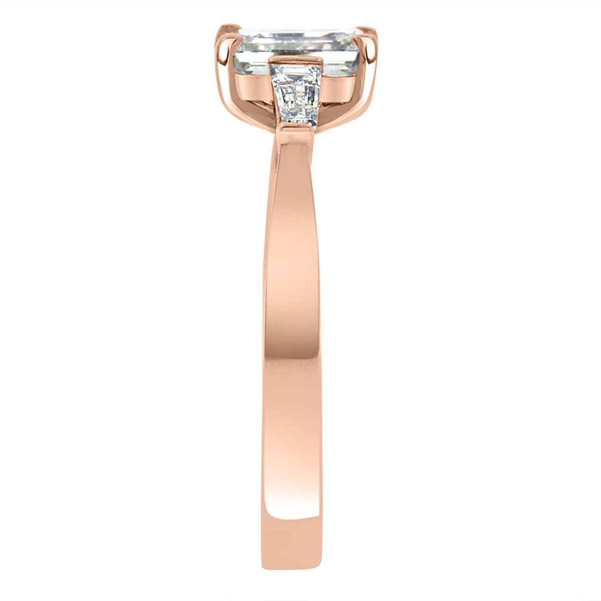 Emerald Cut With Tapered Baguettes in rose gold upright and from an endview