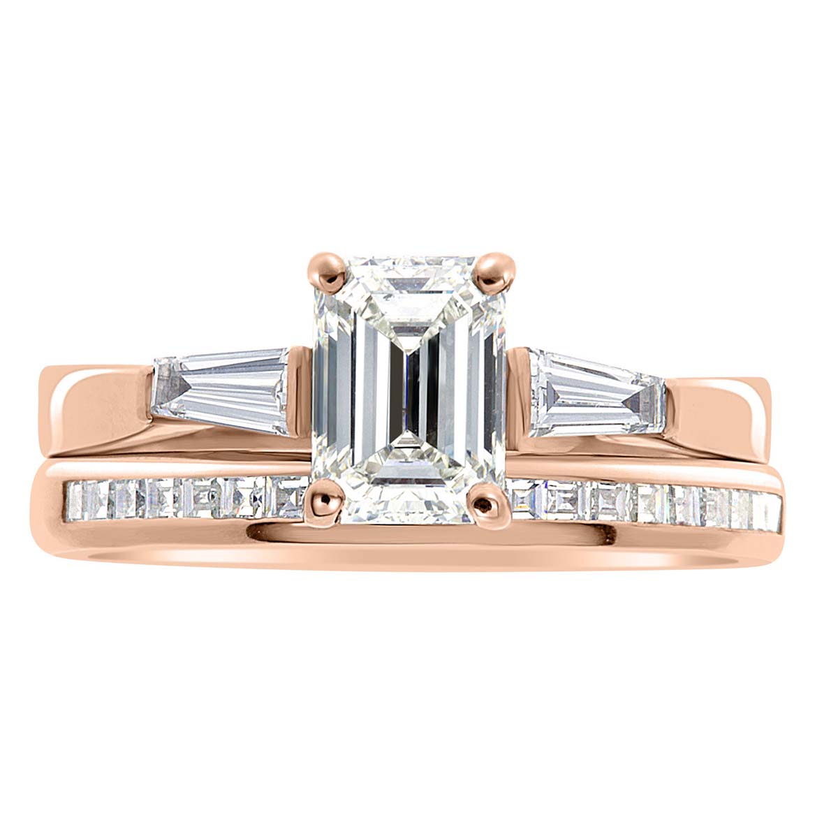 Emerald Cut With Tapered Baguettes in rose gold with a diamond wedding ring