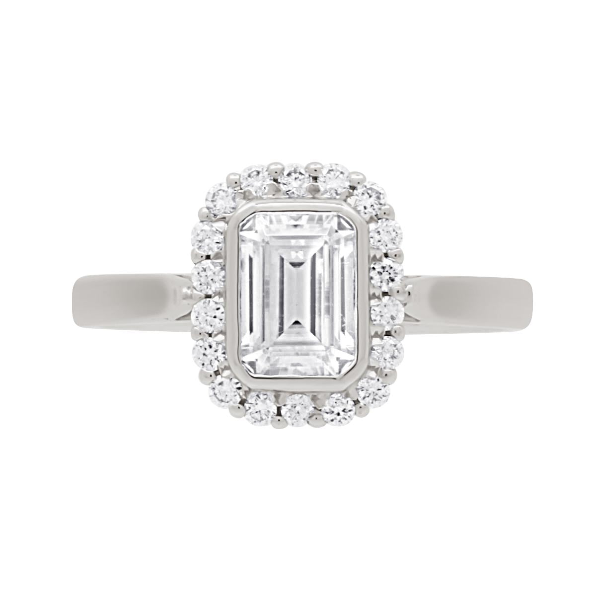 Emerald Cut Halo Diamond Engagement Ring with Platinum Set Band - 'Monica'