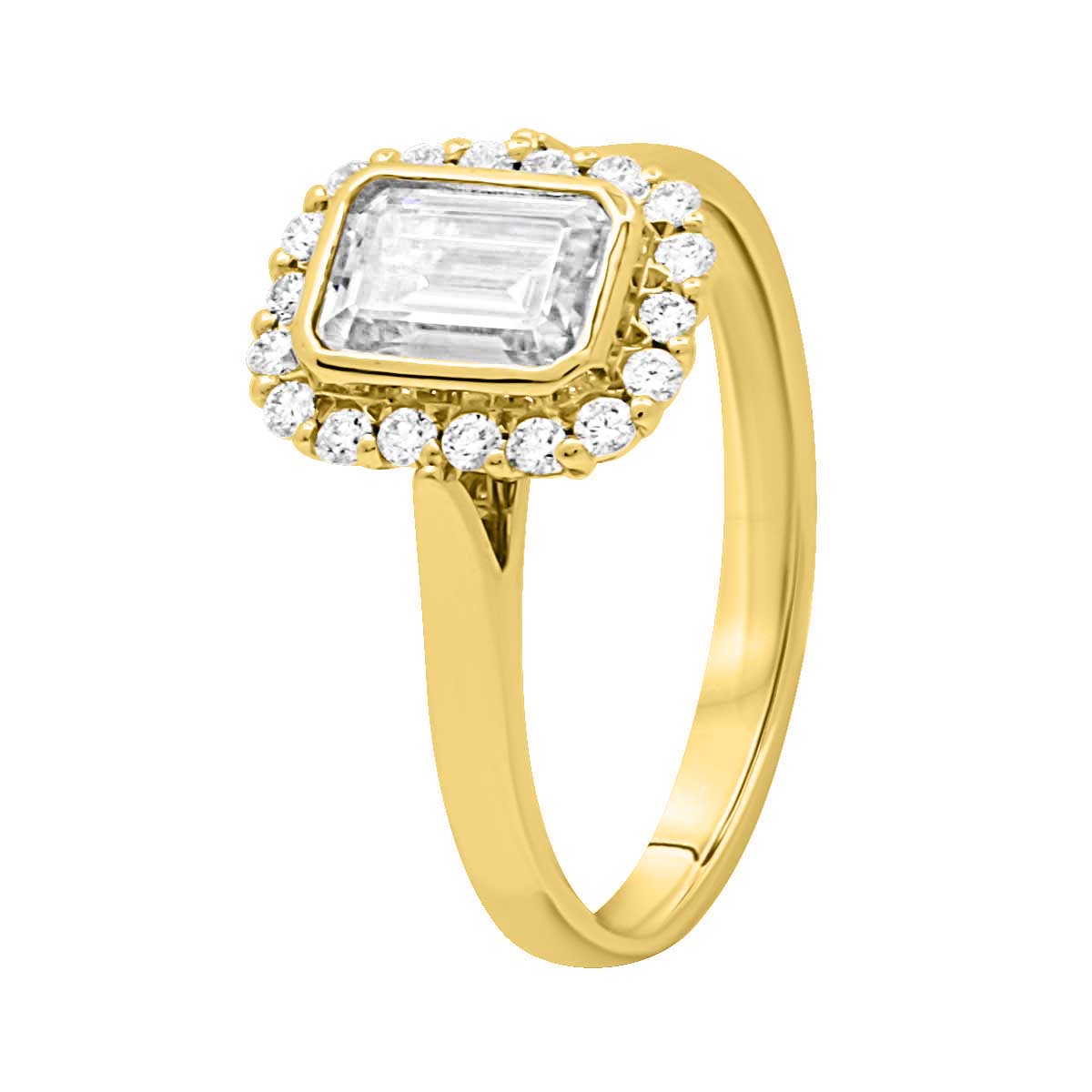 Emerald Halo Engagement Ring in yellow gold pictured standing at an angle