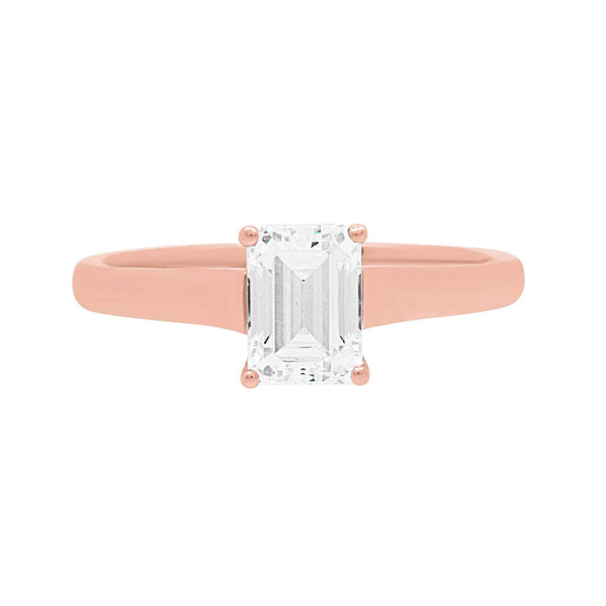 Emerald cut solitaire engagement ring IN Rose Gold lying flat