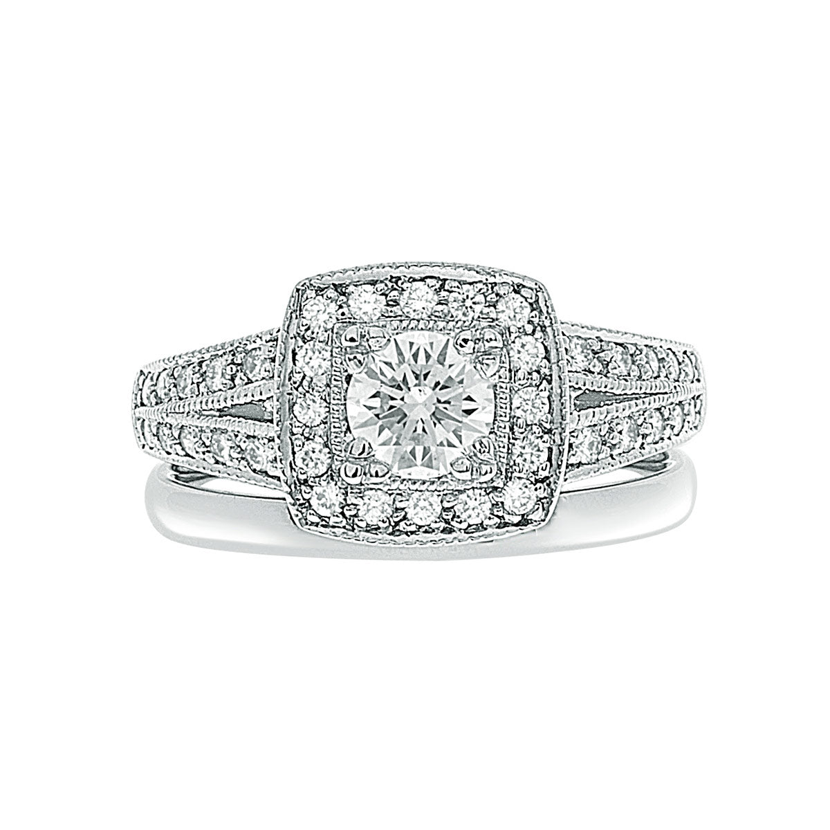 Round Cut Halo Diamond Engagement Ring with Platinum Milgrain Band - 'Ruth’