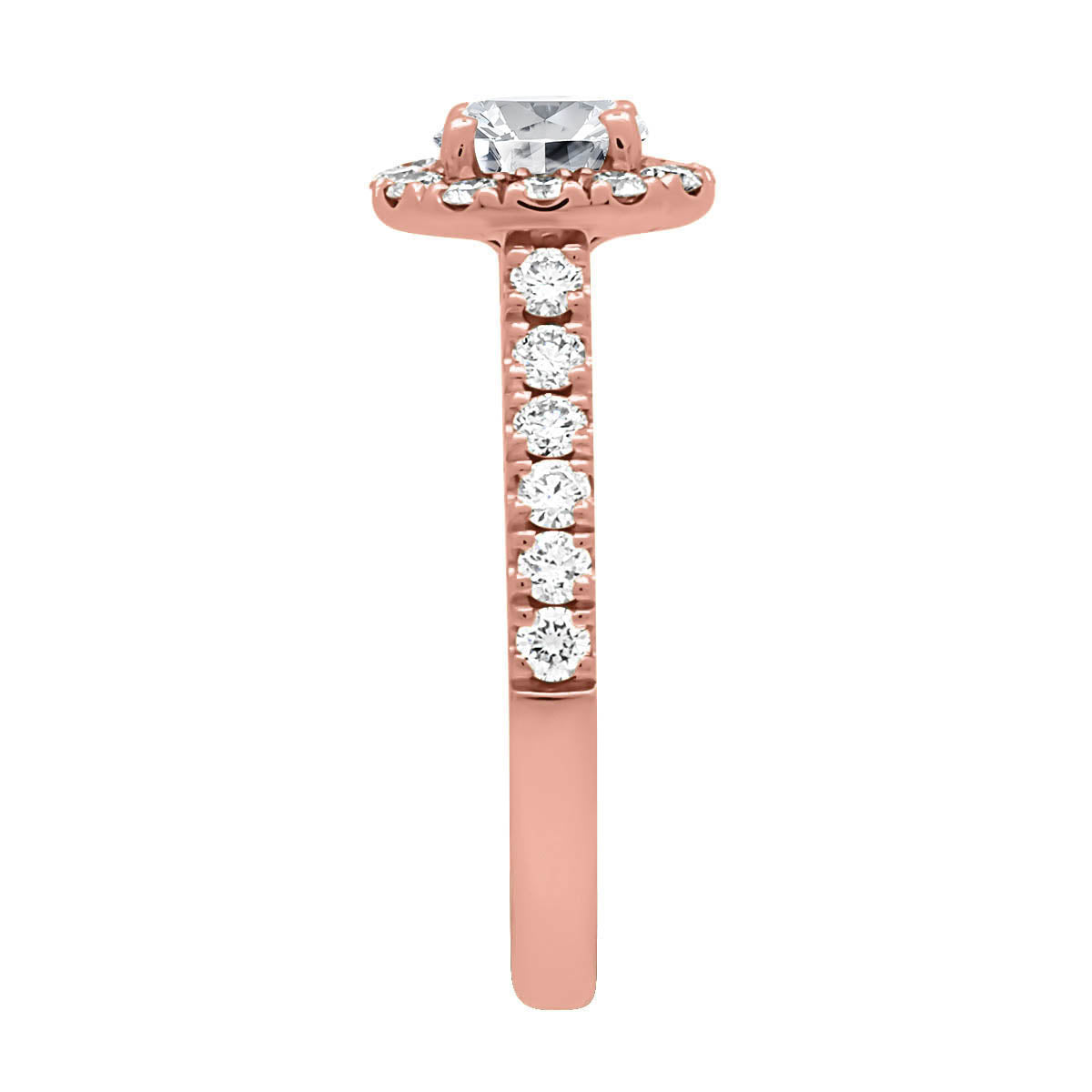 Halo Engagement Ring Diamond Band in rose gold upright and from an endview