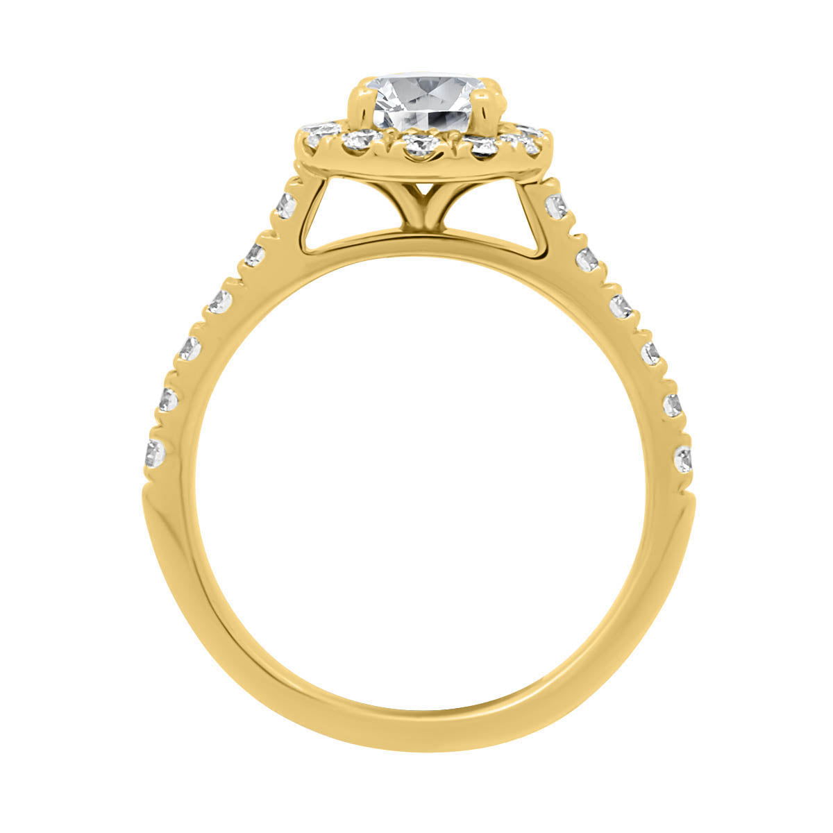 Halo Engagement Ring Diamond Band in yellow gold standing upright