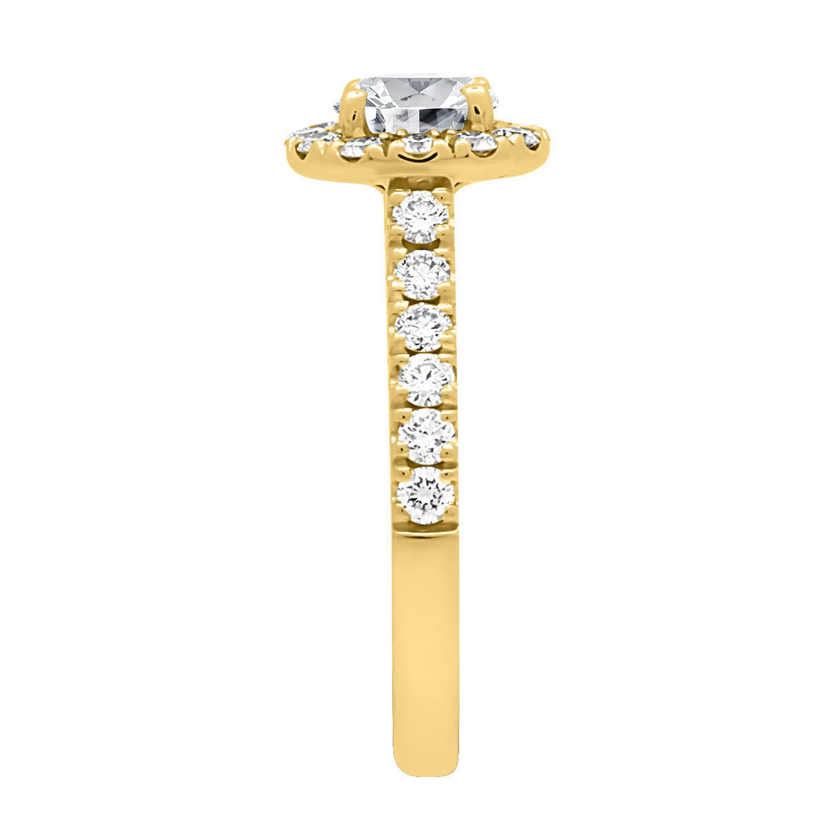 Halo Engagement Ring Diamond Band in yellow gold upright and from the side view