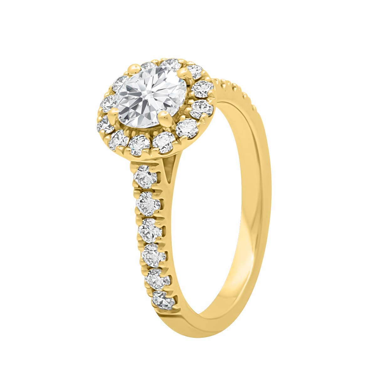 Halo Engagement Ring Diamond Band in yellow gold upright and from an angled view