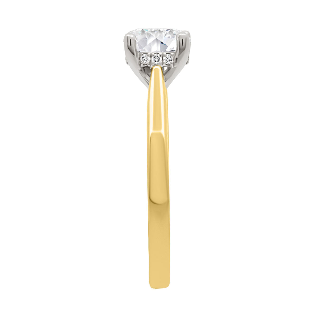 Hidden Halo Solitaire Engagement Ring in yellow gold upright and to the sideview