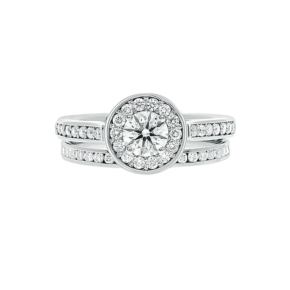 Round Cut Diamond Halo Engagement Ring with Platinum Diamond Pave Band - 'Rose'