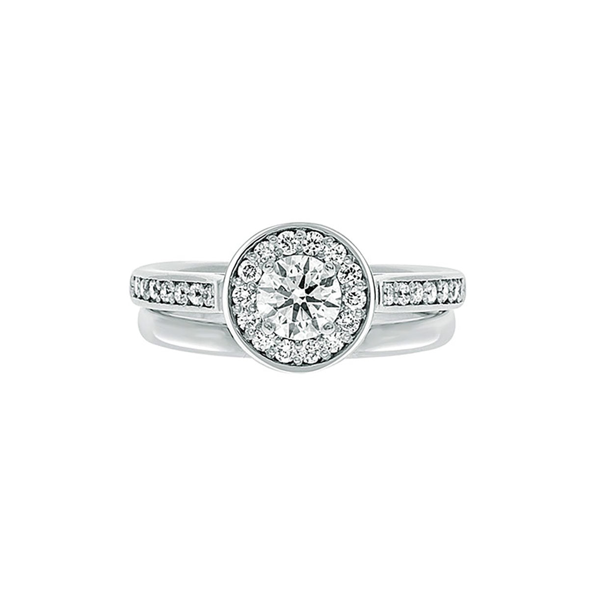 Round Cut Diamond Halo Engagement Ring with Platinum Diamond Pave Band - 'Rose'