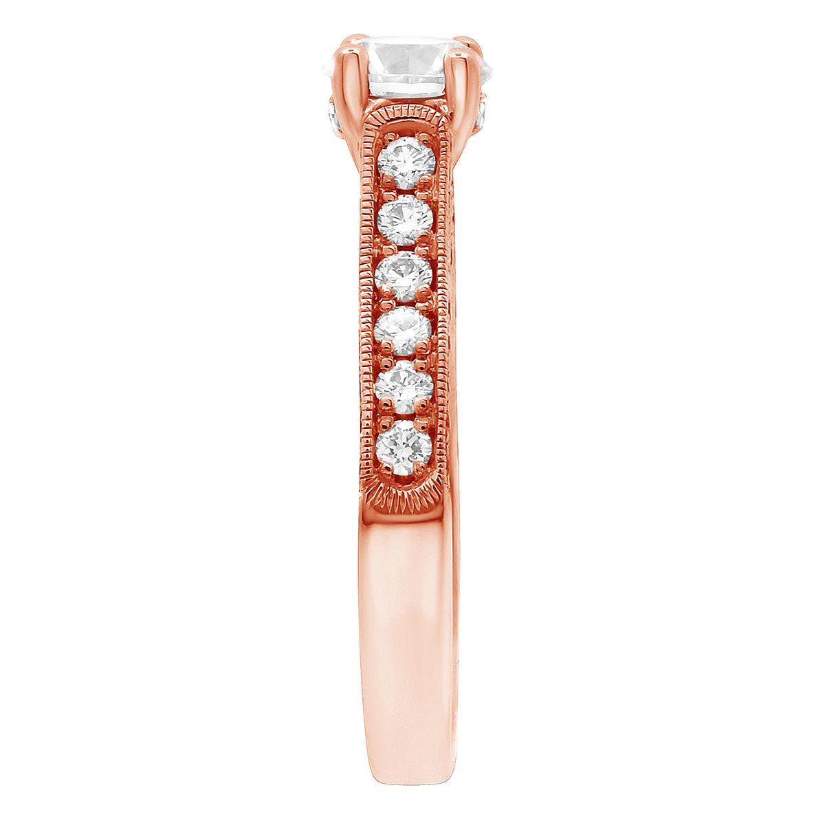 Diamond Encrusted Engagement Ring made in rose gold upright and pictured from the side
