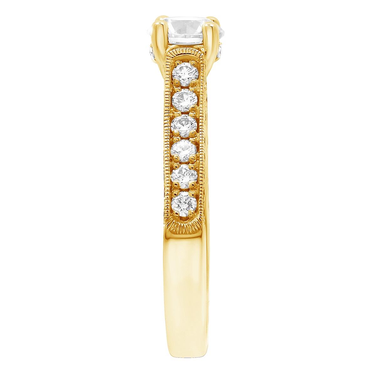 Diamond Encrusted Engagement Ring made in yellow gold upright and pictured from the side