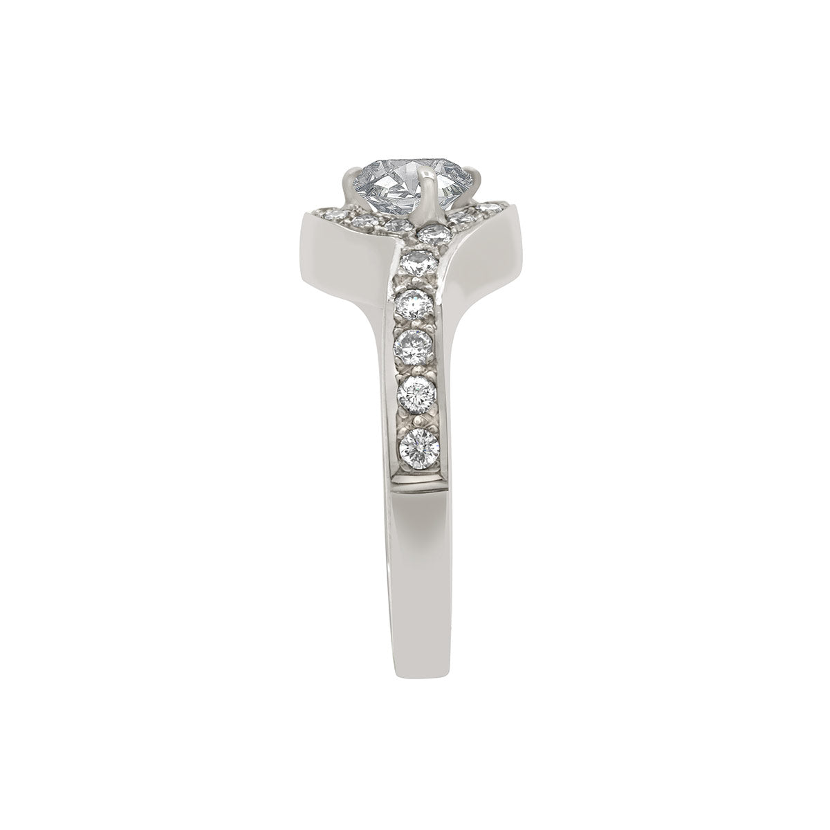 Halo Diamond Twist Engagement Ring in white gold pictured from the side