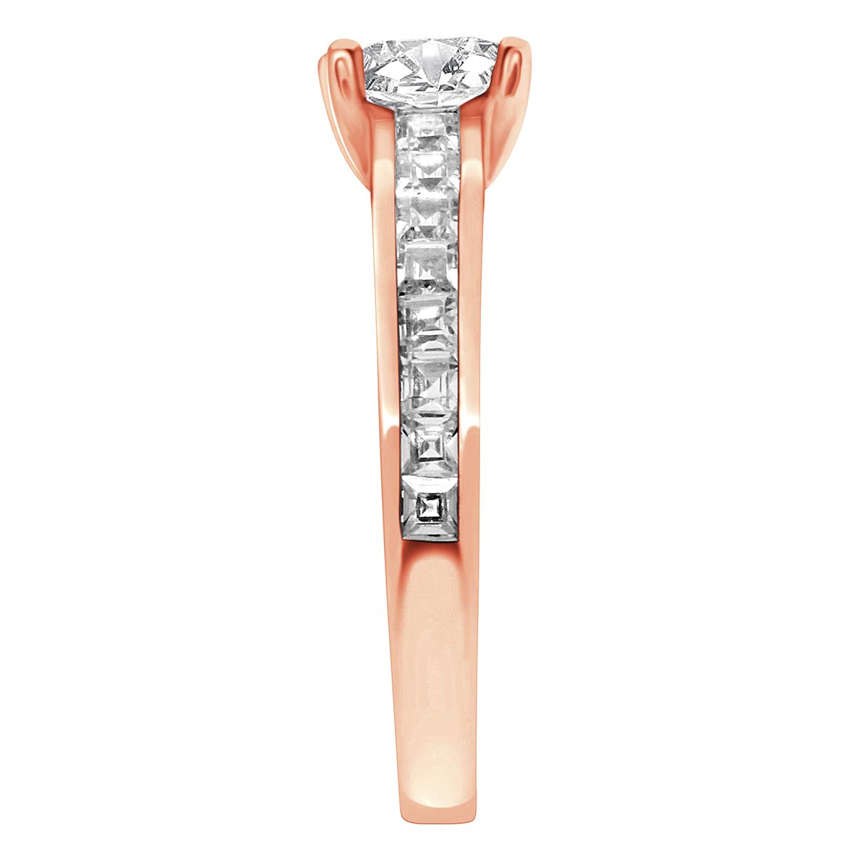 Princess Shape Diamond Ring made from rose gold pictured upright and from a side view