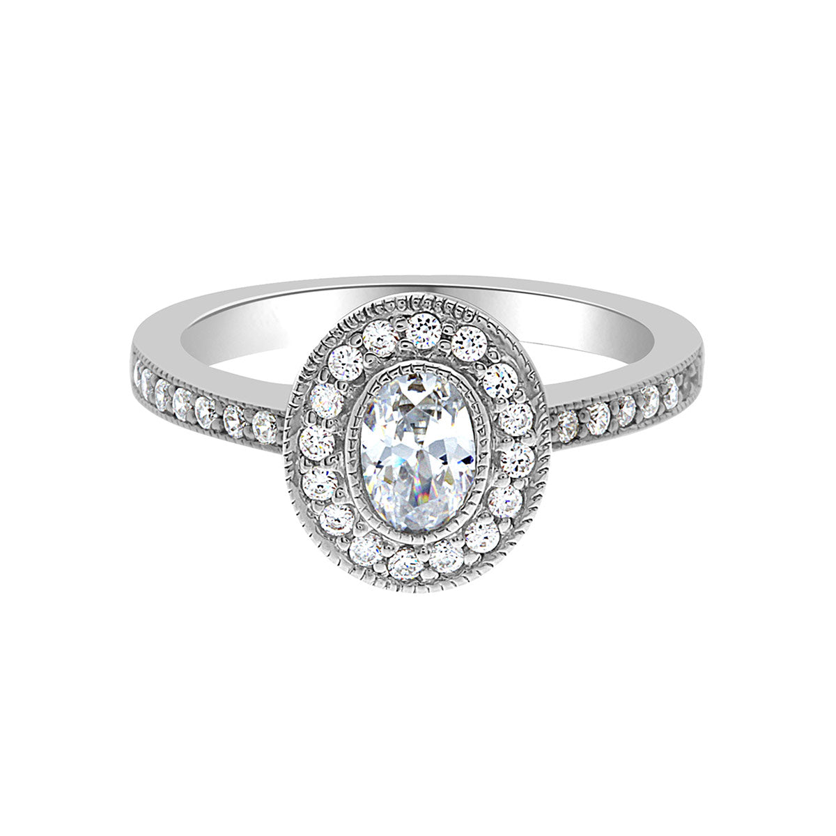 Oval Cut Halo Diamond Engagement Ring with Platinum Milgrain Band - 'Sinead’