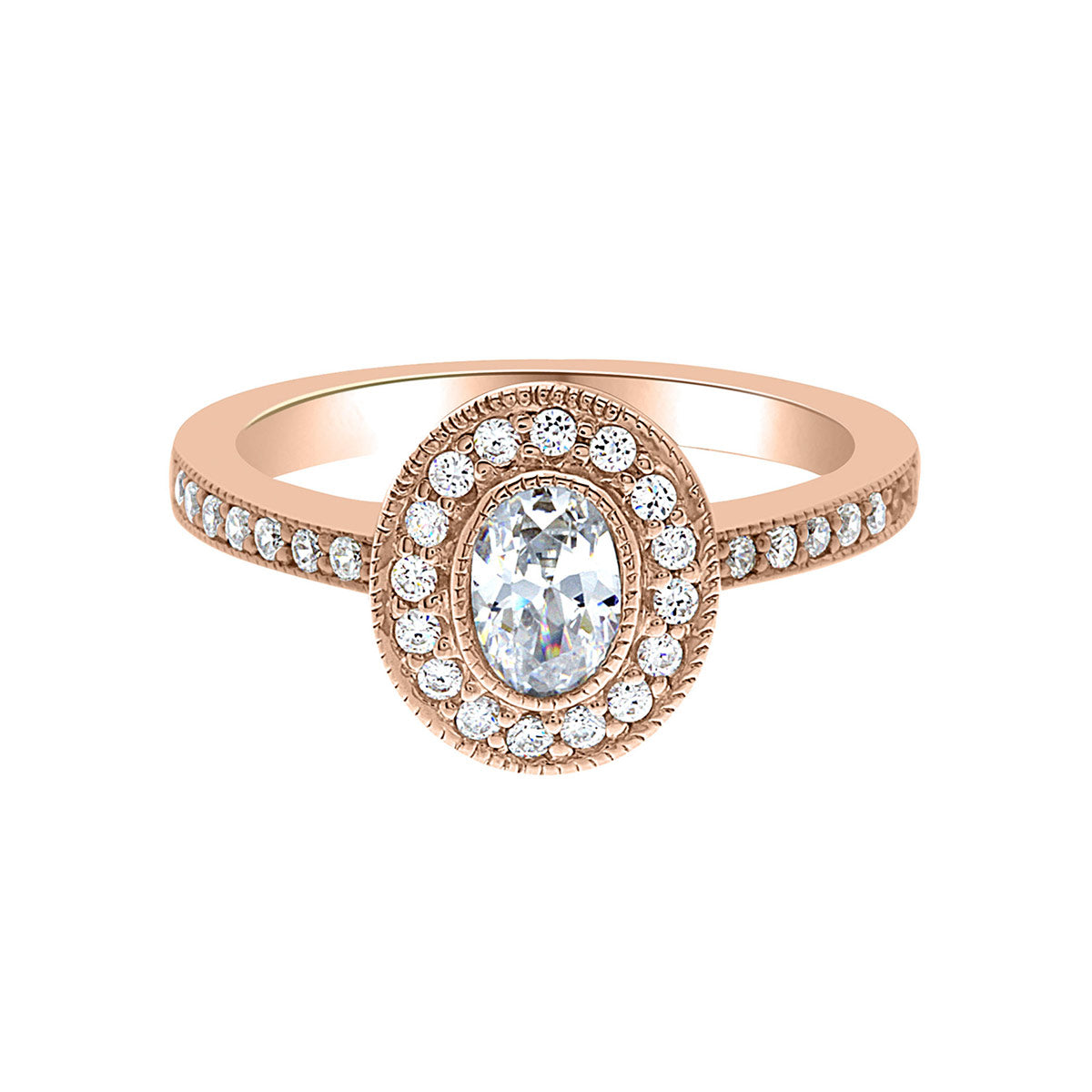 Oval Cut Halo Diamond Engagement Ring with Rose Gold Milgrain Band  'Sinead’