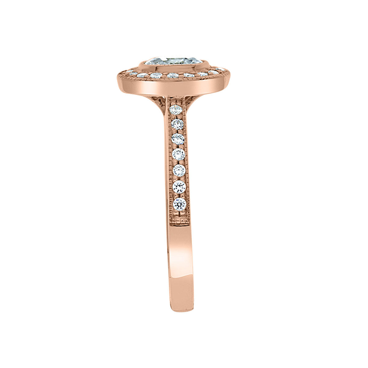 Milgrain Detail Engagement Ring in rose gold pictured in a side view with a white background