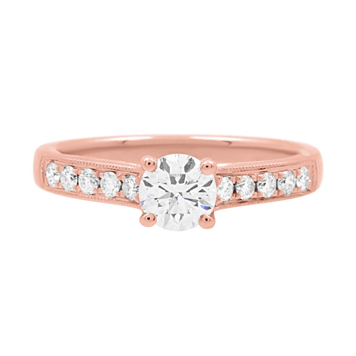 Round Cut Halo Diamond Engagement Ring with Rose Gold Milgrain Band