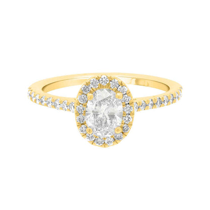 Oval Halo Engagement Ring with diamond shoulders in yellow gold