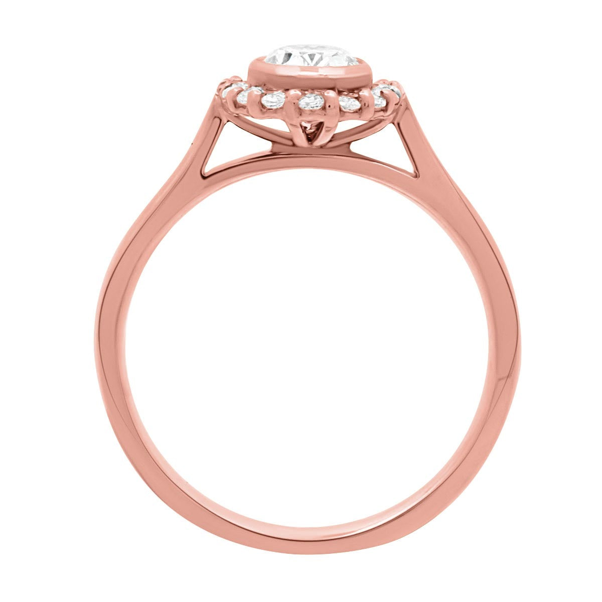 Oval Halo Diamond Ring in rose gold standing upright