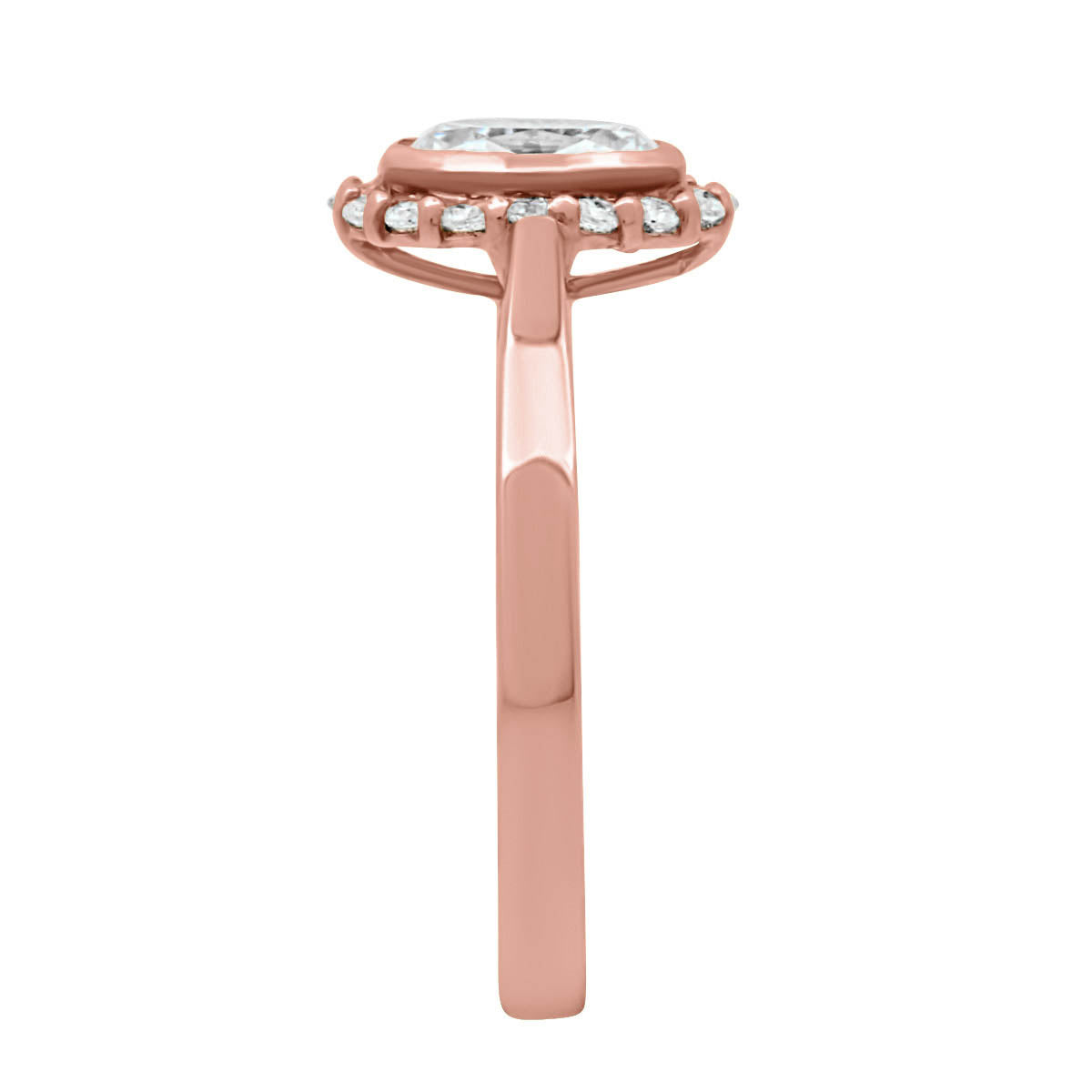 Oval Halo Diamond Ring in rose gold from an end view