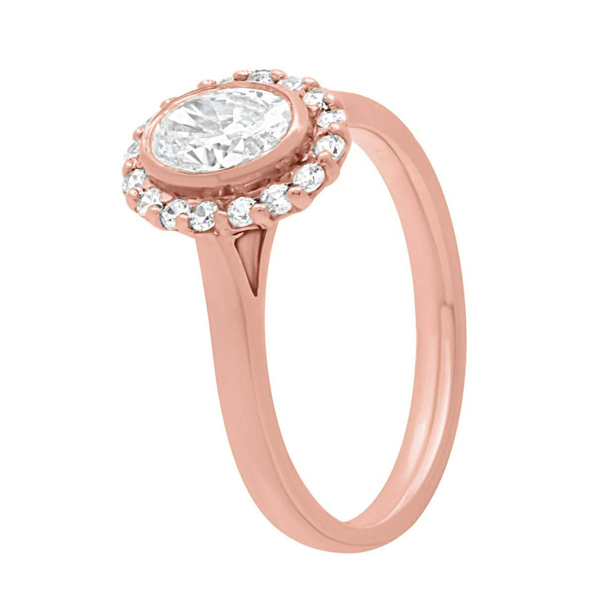 Oval Halo Diamond Ring in rose gold in angled position