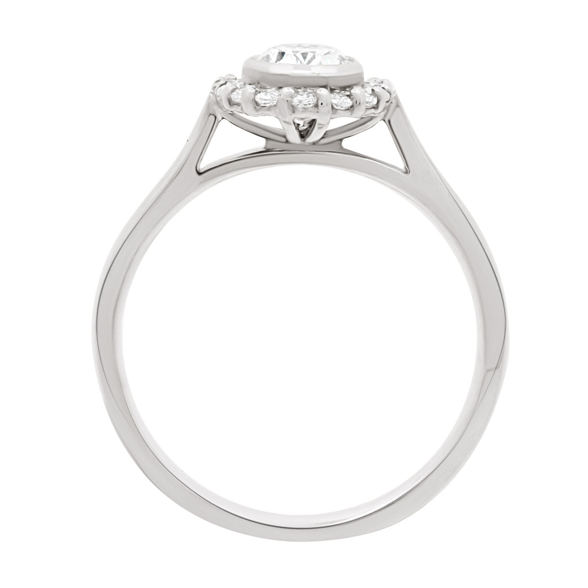 Oval Halo Diamond Ring in white gold standing upright